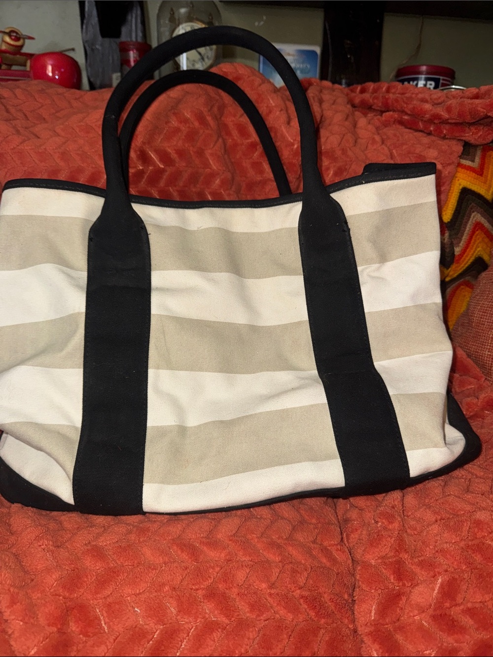Croft & Barrow Black & Tan Striped Canvas Tote Bag Handbag